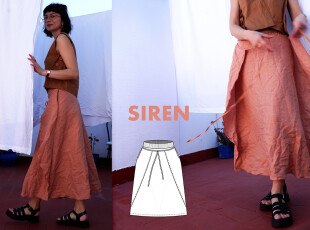 Jak ušít dámskou maxi sukni s kapsami do gumy a zavinovacím efektem SIREN (+ střih 32–60)