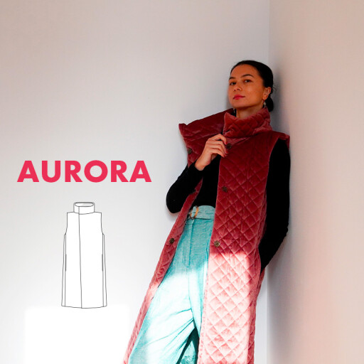 Střih - dámská dlouhá vesta AURORA (velikosti 32–60)